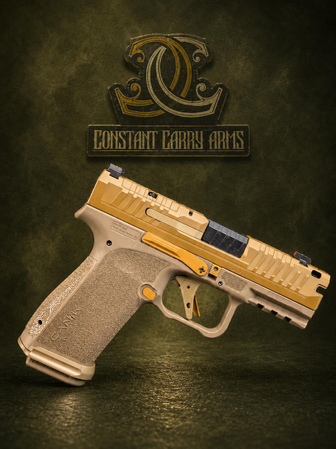 Canik FDE and gold 9mm pistol